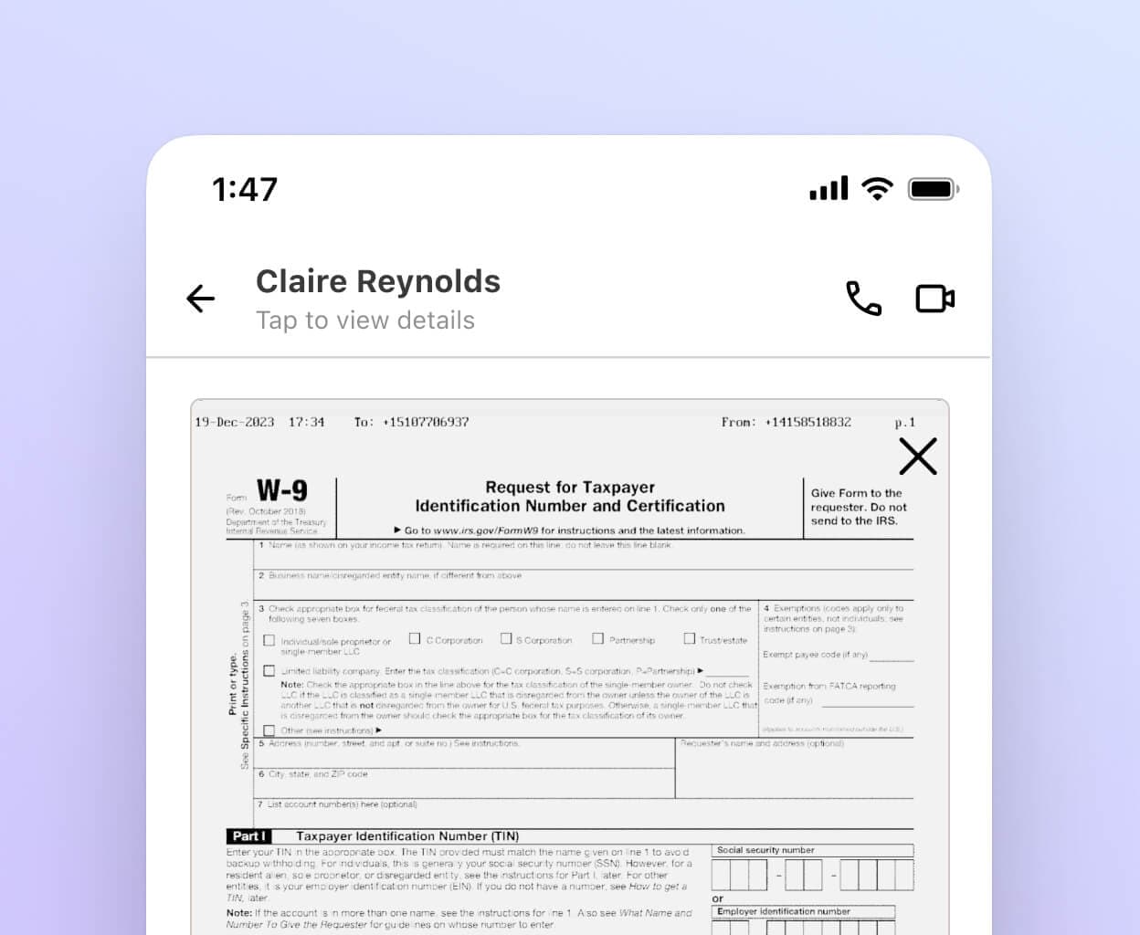 Screenshot of viewing a fax in Dialpad