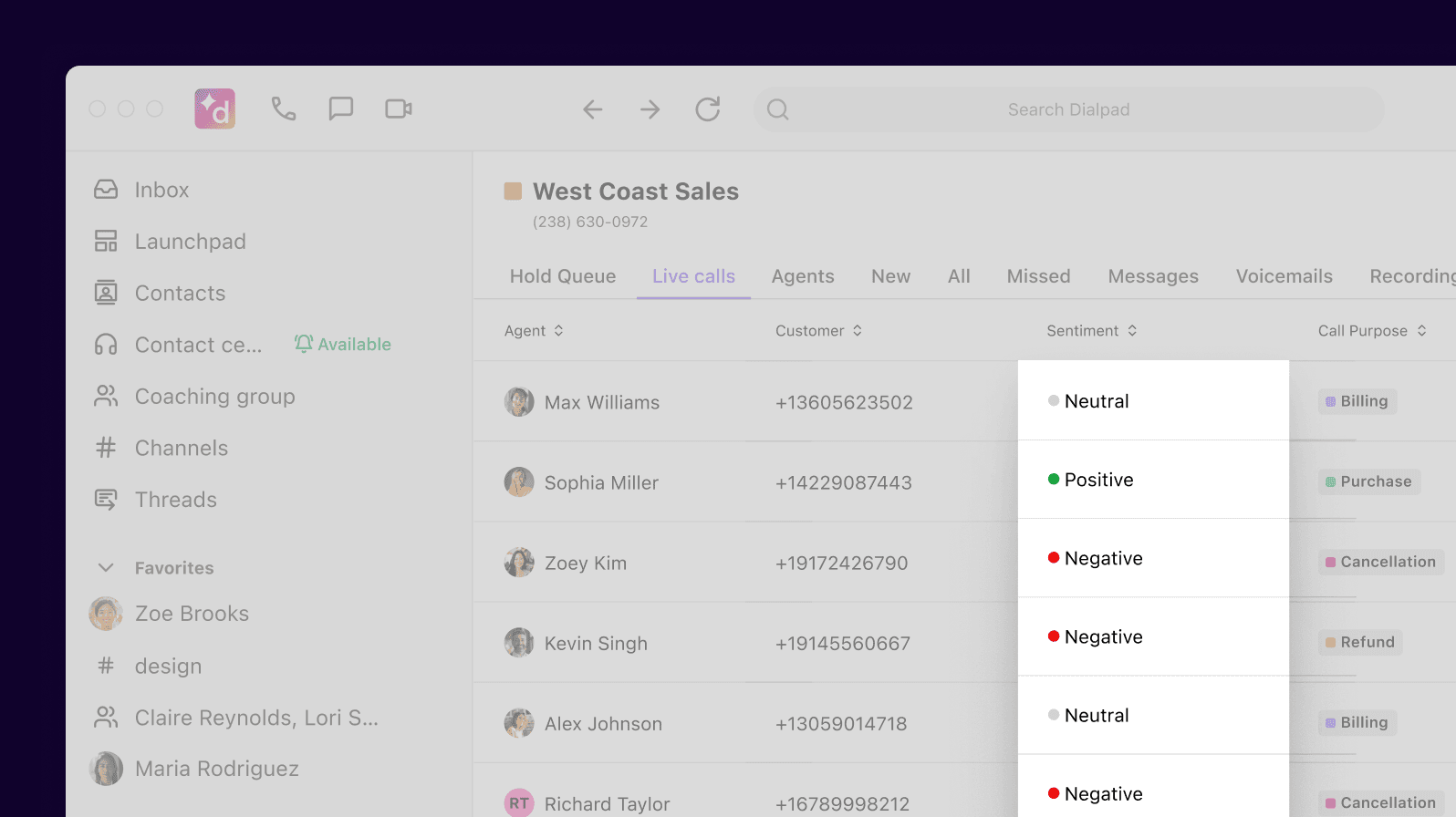 Dialpad's Ai-powered live sentiment analysis feature