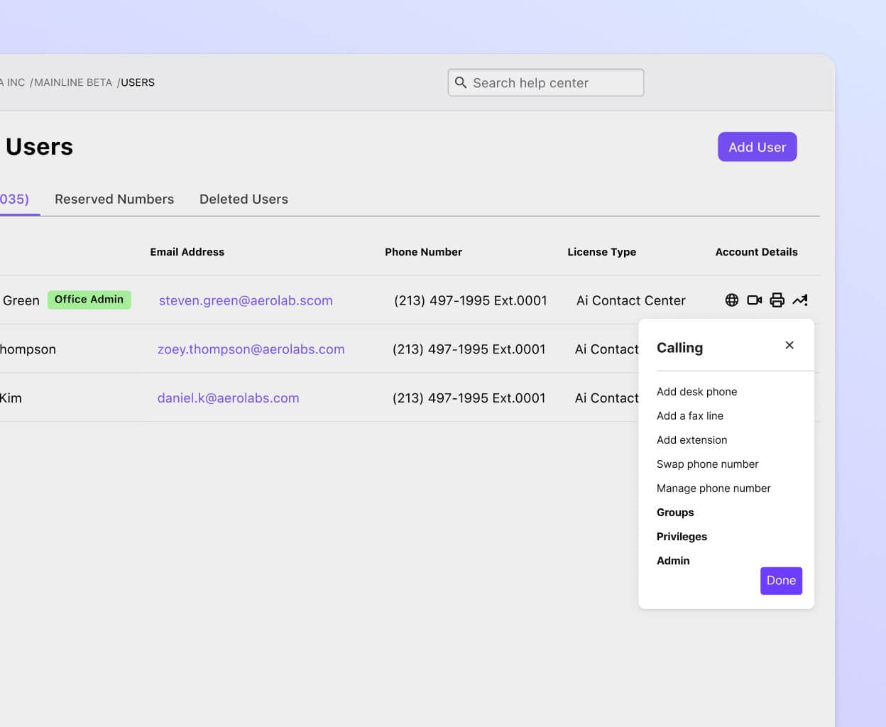 Screenshot of adding a fax line from Dialpad's online dashboard