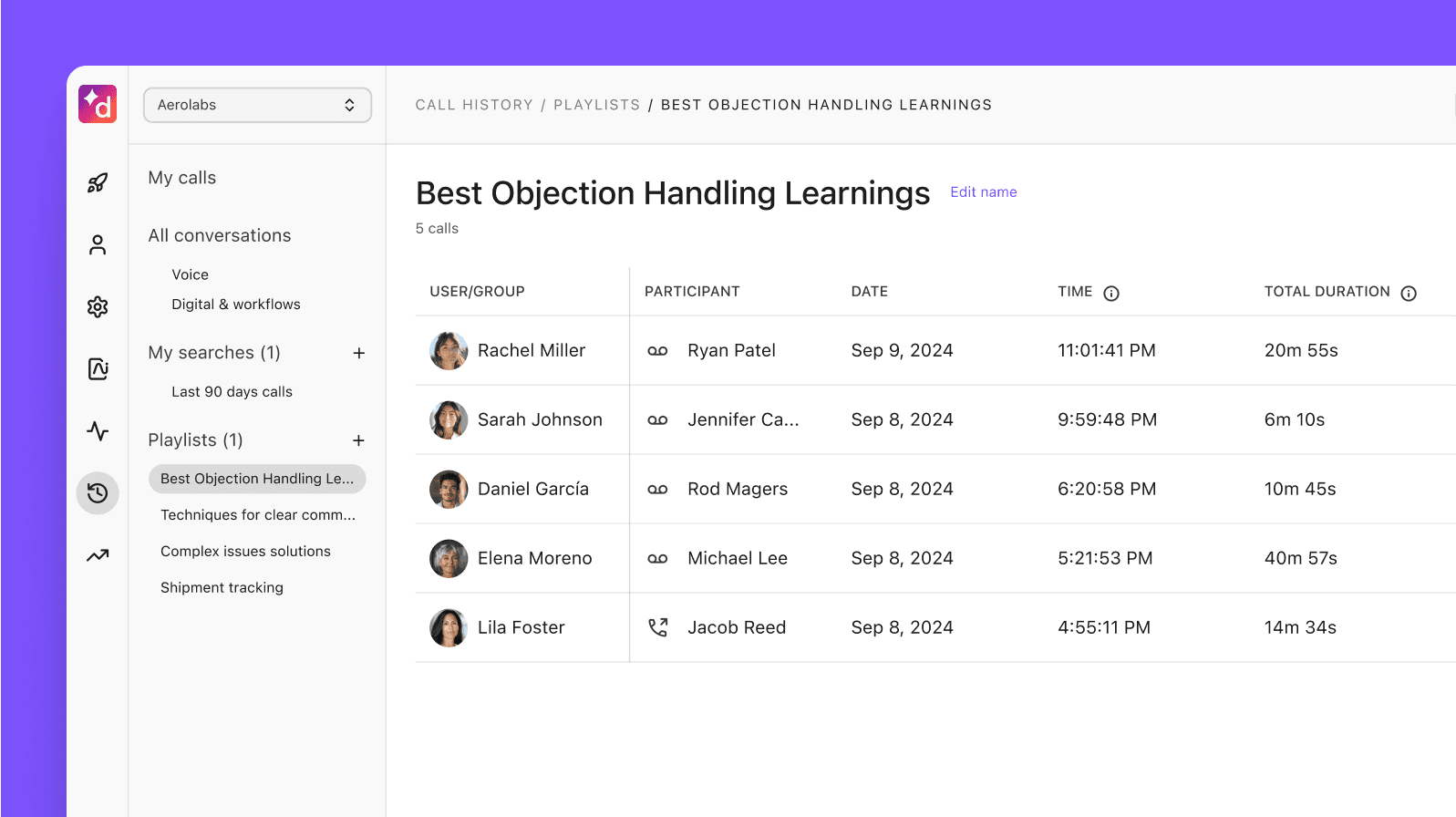 Screenshot of creating a coaching call recording playlist in Dialpad app