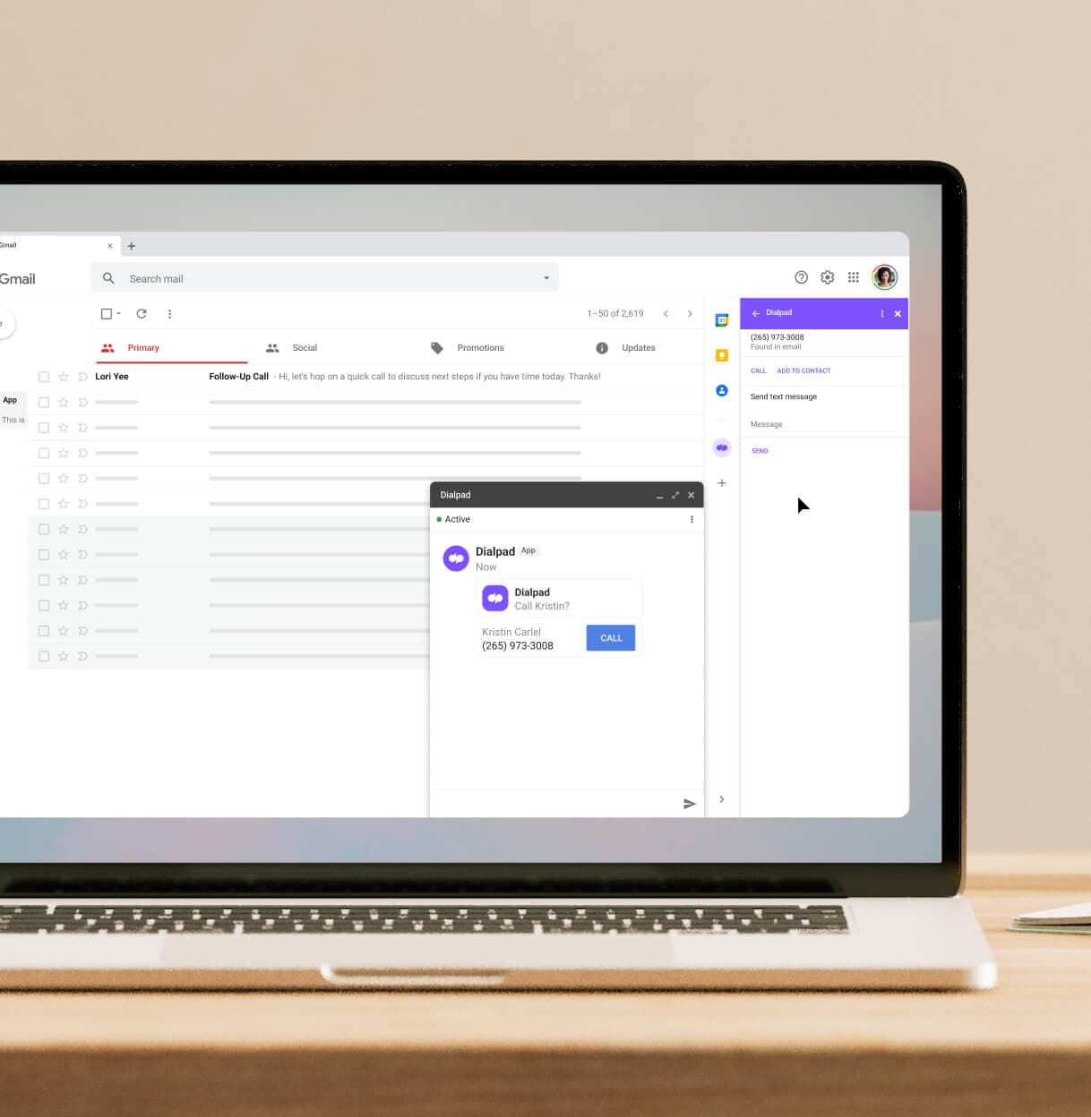 A computer showing a screenshot of Dialpads integration with Google Workspace
