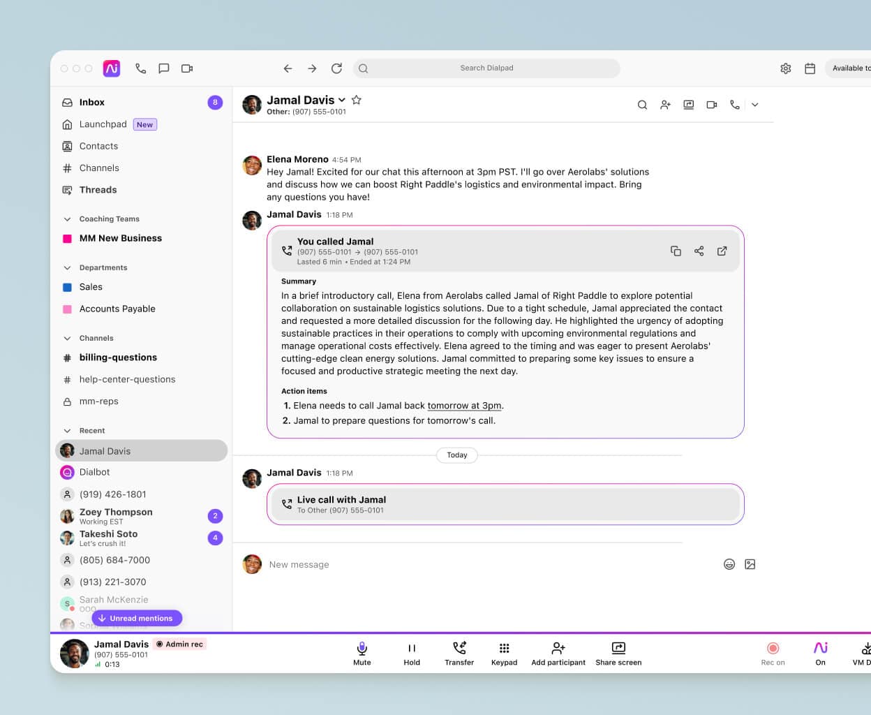 Screenshot of Dialpad's AI-powered post-call summary with transcript and recording