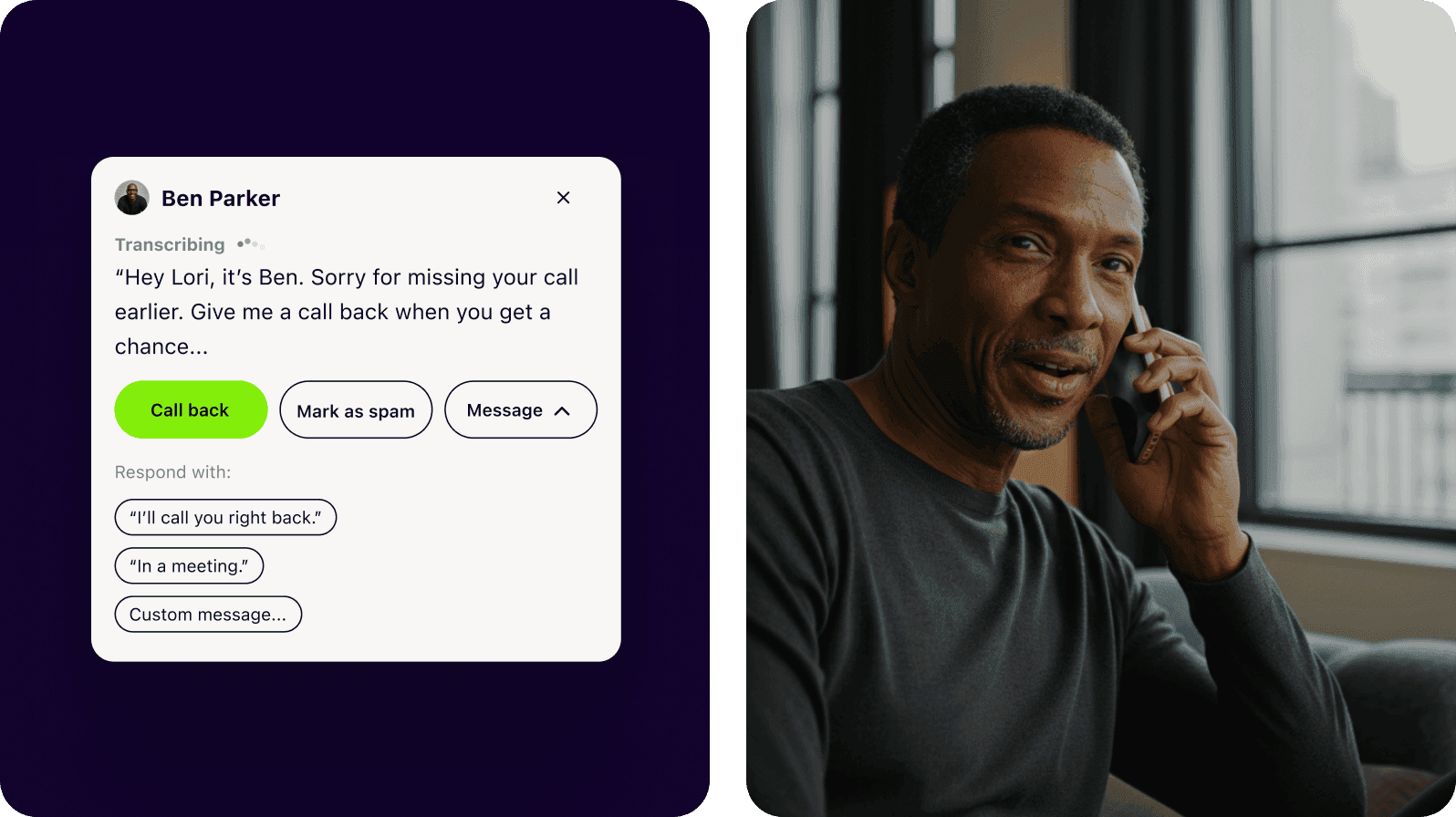 Screenshot of Dialpad Ai transcribing a voicemail in real time