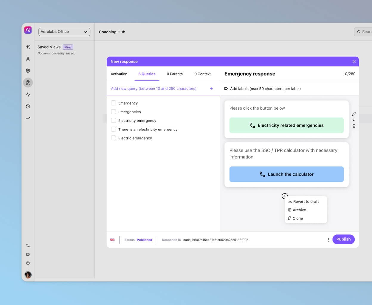 Creating a chatbot response flow using Dialpad's no-code drag-and-drop builder.