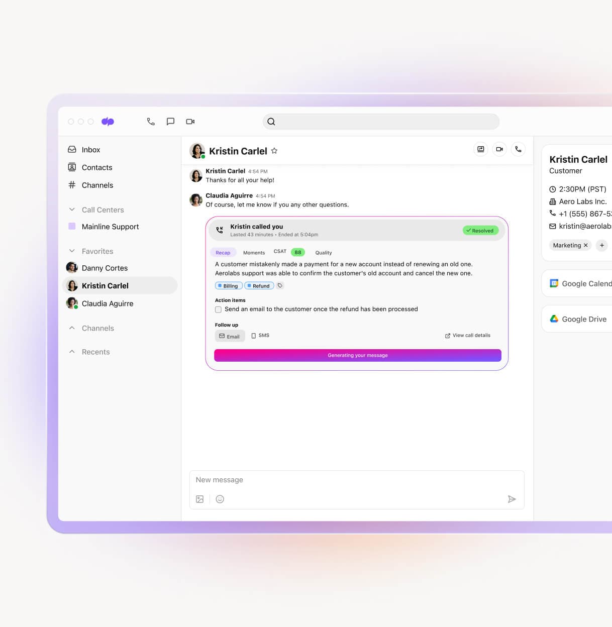 Screenshot of Dialpad Ai Recaps generating a summary and action items after a phone call ends