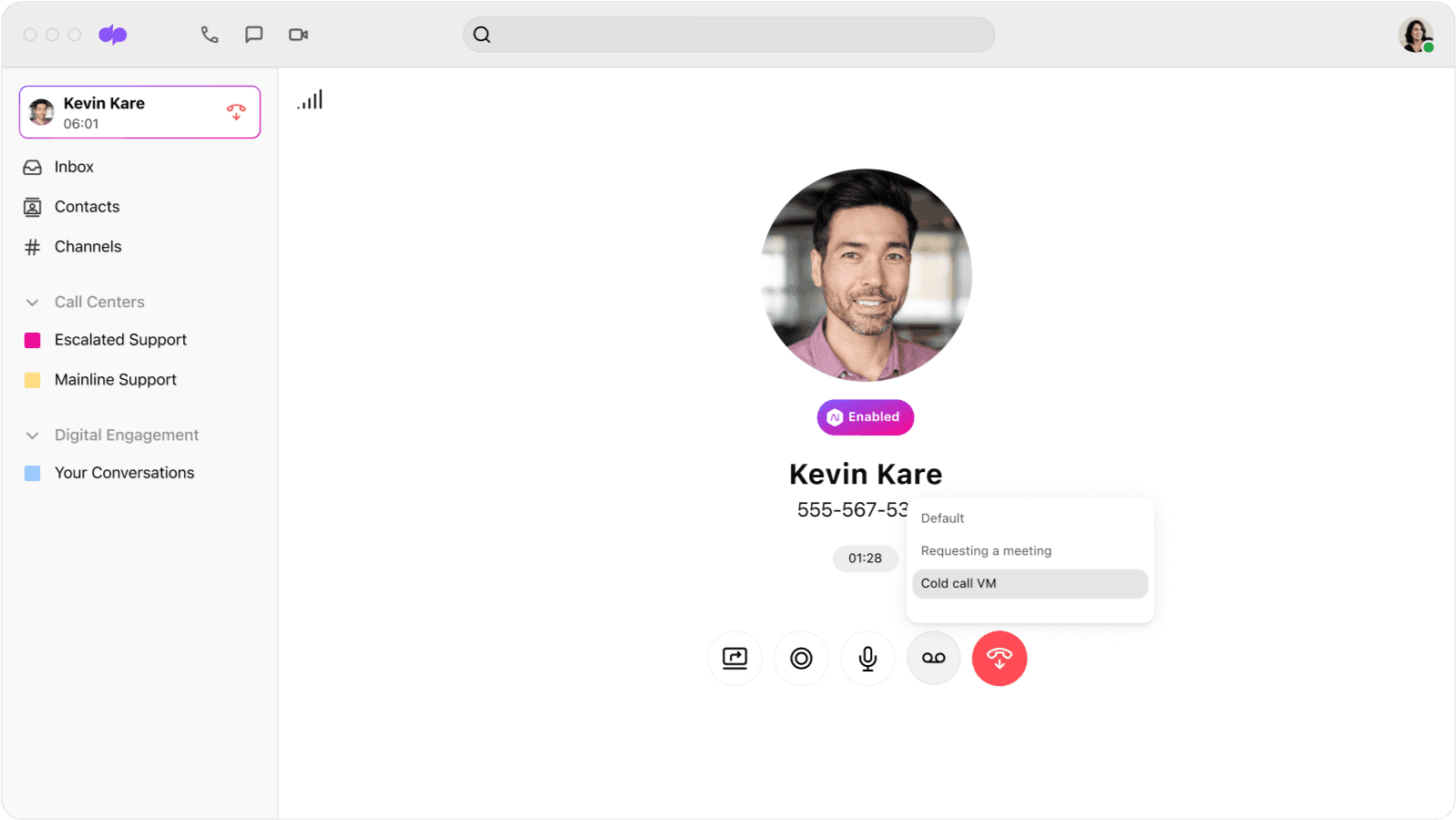 Screenshot of Dialpads voicemail drop feature