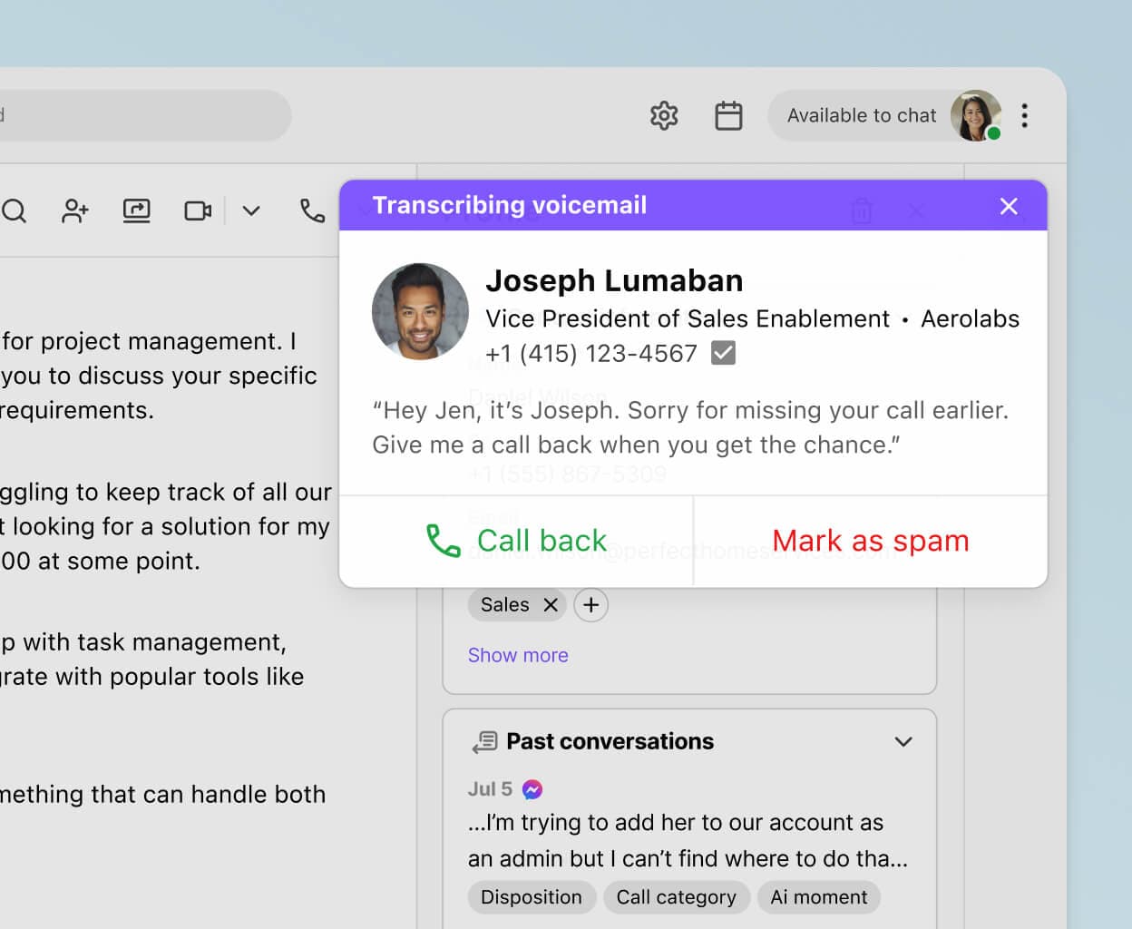 Screenshot of Dialpads visual voicemail transcription feature