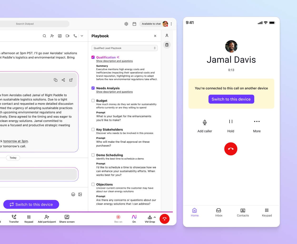 Screenshot of Dialpads call flip feature seamlessly flipping a call between a desktop and mobile app